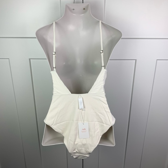 NWT Andie Swim Ivory Asbury Ribbed One Piece Swimsuit Large High Neck - Picture 4 of 6